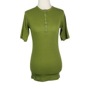 Vintage 70s Olive Green 1/4 Zip Ribbed Knit Sweater T-Shirt Top S